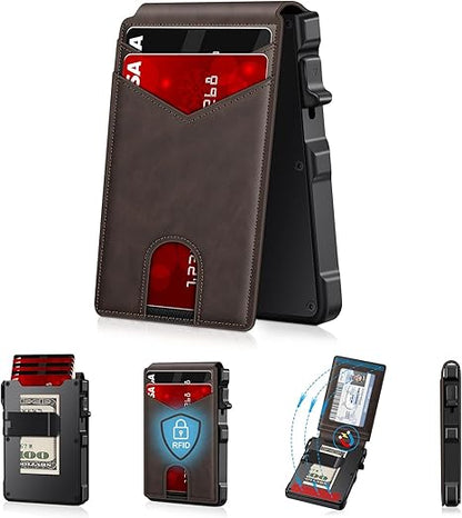 Genuine Leather RFID Blocking Pop-Up Wallet – Premium Aluminum Frame, One-Second Card Eject, Ultra-Slim Design