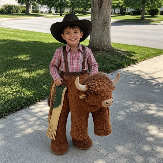 Plush Bull Rider Ride‑On Kids Costume, Adjustable Harness Toddler Halloween Outfit