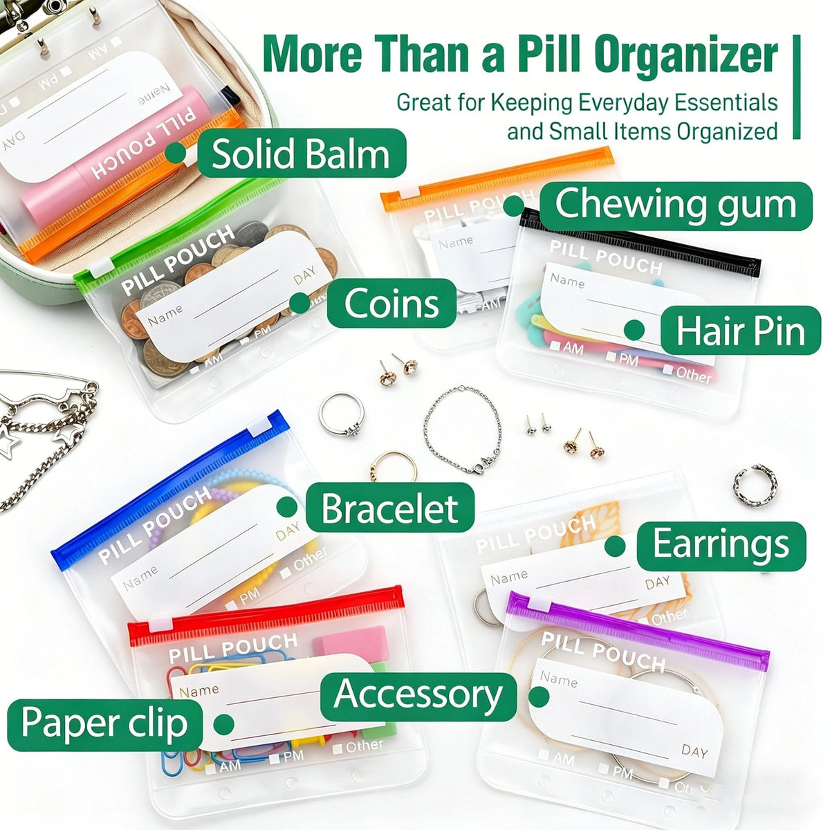 💊 A8 Waterproof 14 Color-Coded Pill Pouches Organizer – Portable Binder-Style Weekly Travel Medicine Storage Case for Pills, Vitamins & Supplements