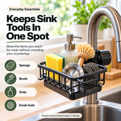 🧽Faucet-Mounted Kitchen Sink Organizer – Adjustable No-Drill Sponge & Brush Holder with Removable Drip Tray