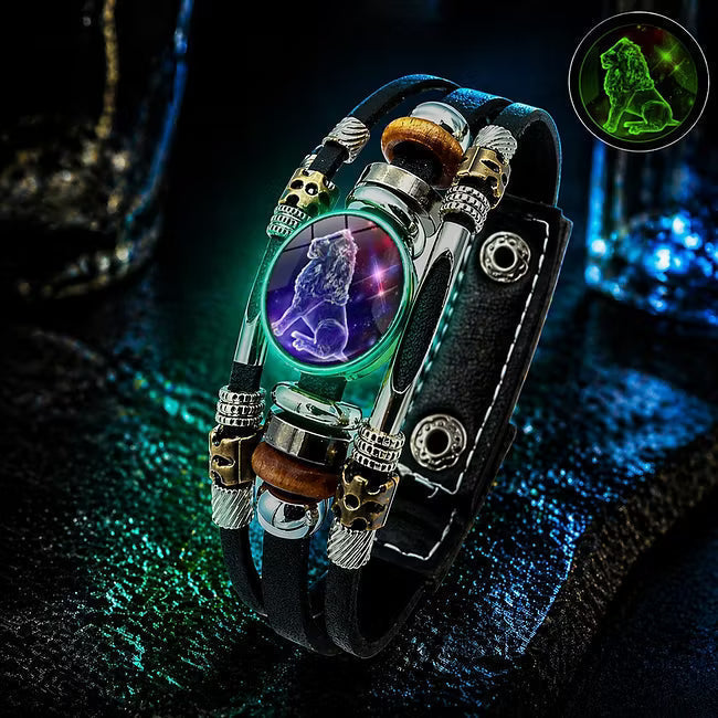 🌙♑ Glow-in-the-Dark Zodiac Sign Leather Bracelet – Unisex Constellation Jewelry, 6.9/8.1 in ✨