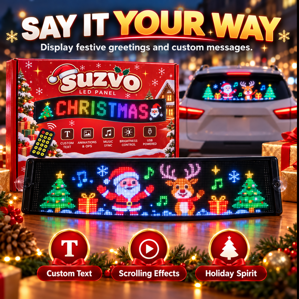 🎄 Animated Christmas LED Rear Window Panel – App Controlled Car Display