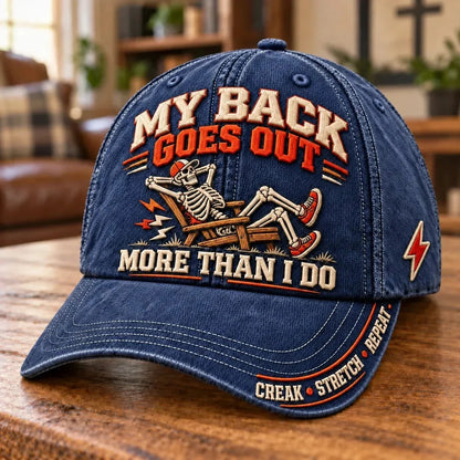⏳ Last Day 49% OFF – 💀 “My Back Goes Out More Than I Do” Vintage Baseball Cap | Cotton-Poly Blend • Detailed Embroidery • Adjustable Fit