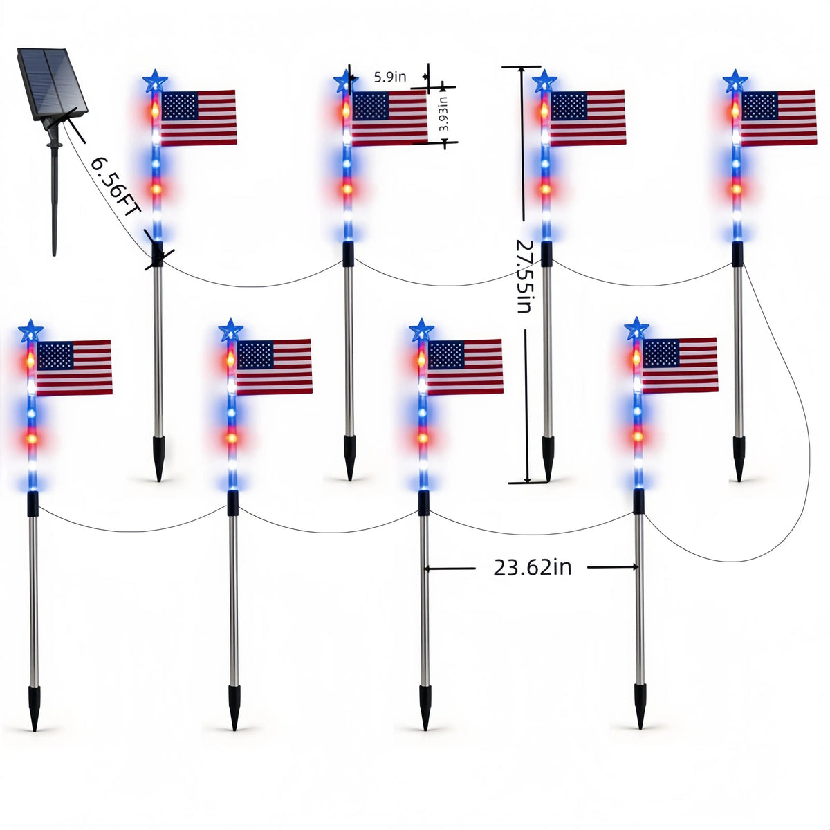 8-Piece American Flag Solar Pathway Lights - Red, White & Blue LED Patriotic Stakes with 8 Lighting Modes - IP65 Waterproof Garden Decor for 4th of July & Memorial Day