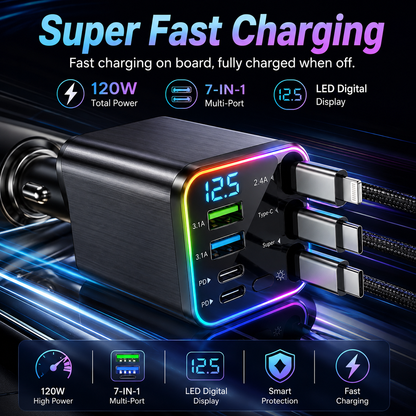 📱7-in-1 Retractable Car Charger 120W – Built-In Cables, Starry Sky Light & Voltage Display