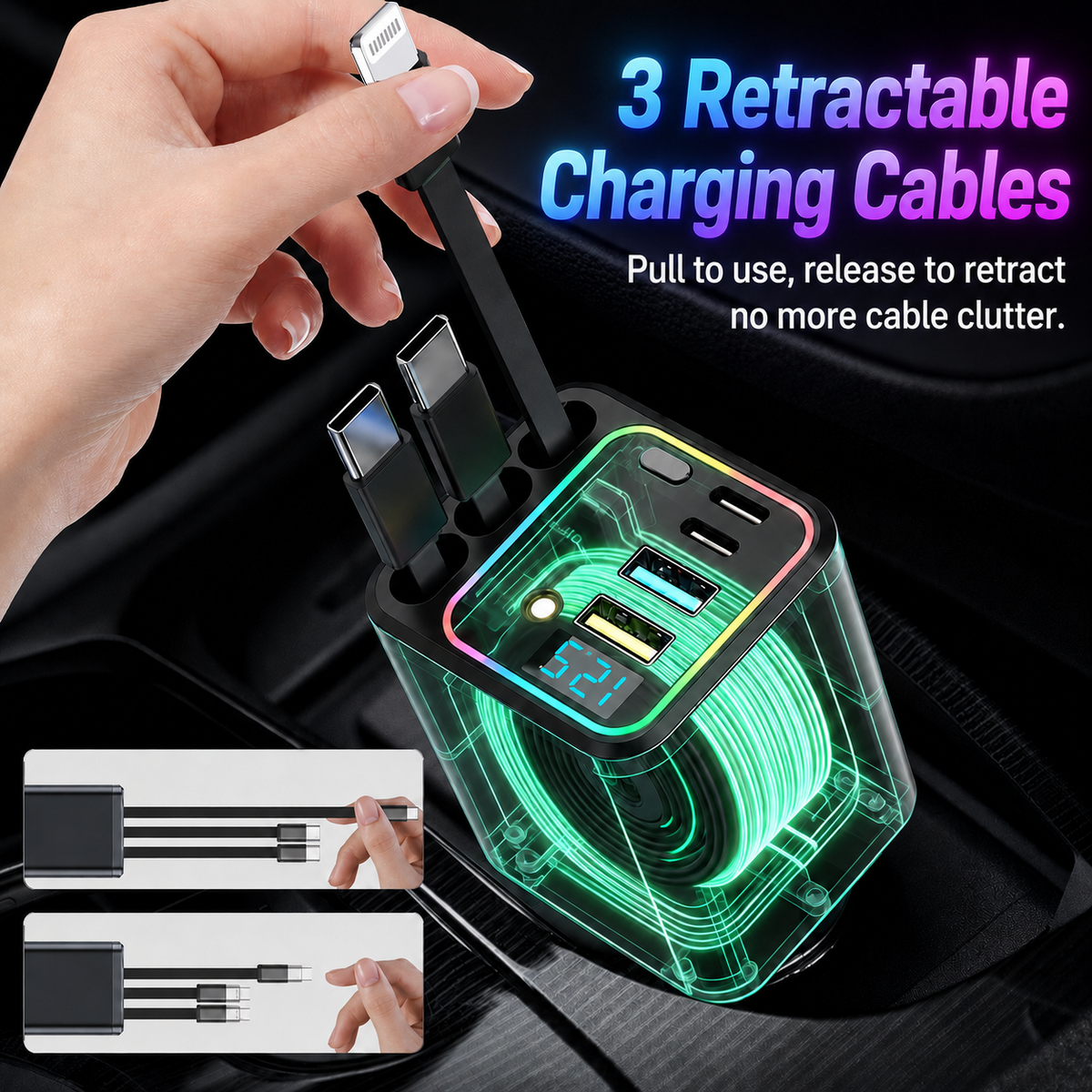 📱7-in-1 Retractable Car Charger 120W – Built-In Cables, Starry Sky Light & Voltage Display