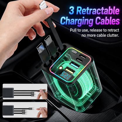 📱7-in-1 Retractable Car Charger 120W – Built-In Cables, Starry Sky Light & Voltage Display