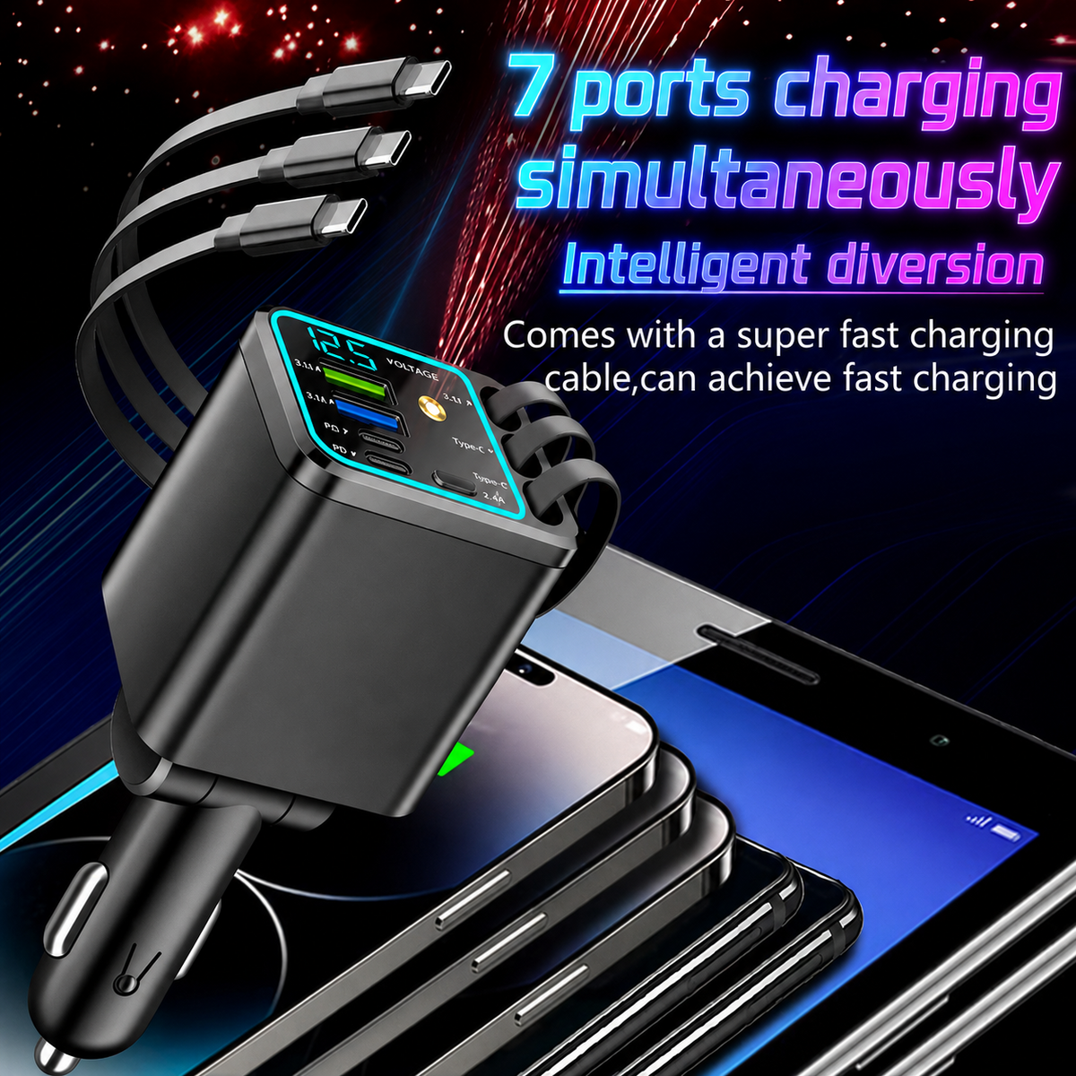 📱7-in-1 Retractable Car Charger 120W – Built-In Cables, Starry Sky Light & Voltage Display