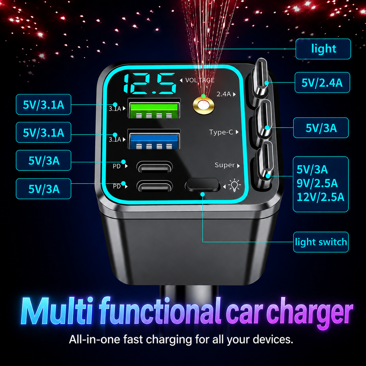 📱7-in-1 Retractable Car Charger 120W – Built-In Cables, Starry Sky Light & Voltage Display