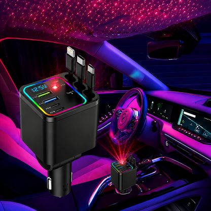 📱7-in-1 Retractable Car Charger 120W – Built-In Cables, Starry Sky Light & Voltage Display