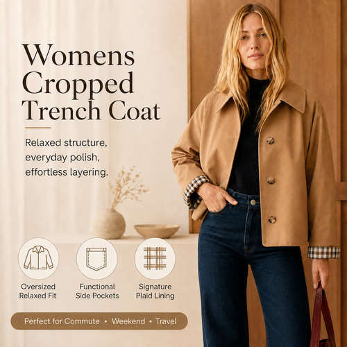 Free Shipping🎉 Women's Cropped Trench Coat – Relaxed Fit Jacket with Plaid Lining | 7 Colors