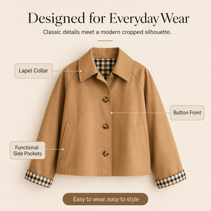 Free Shipping🎉 Women's Cropped Trench Coat – Relaxed Fit Jacket with Plaid Lining | 7 Colors