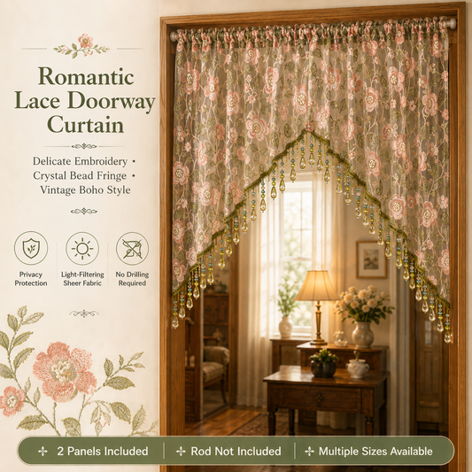 🔥Embroidered Lace Doorway Curtain – Romantic Floral Beaded Sheer Panels