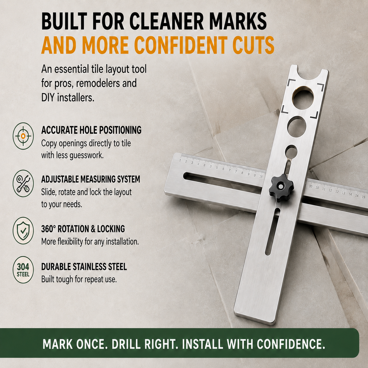 🛠️ Stainless Steel Tile Positioning Ruler – Adjustable Drill Guide & Precision Measuring Tool