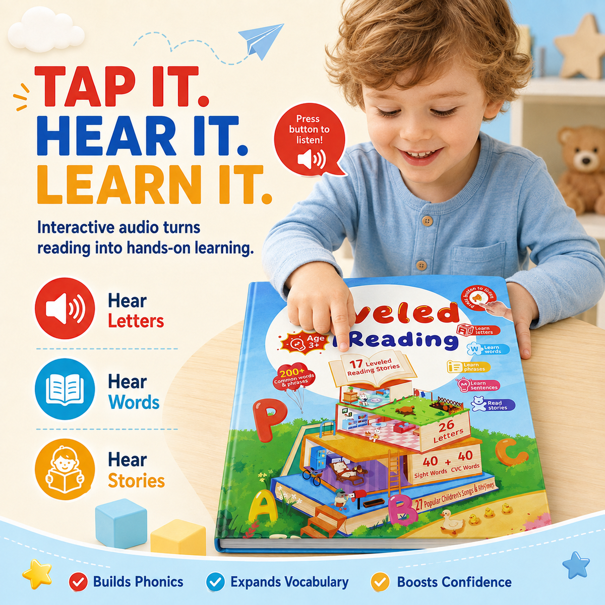 Leveled Reading Learning Book for Kids Ages 3+ – Interactive English Reading & Phonics Book