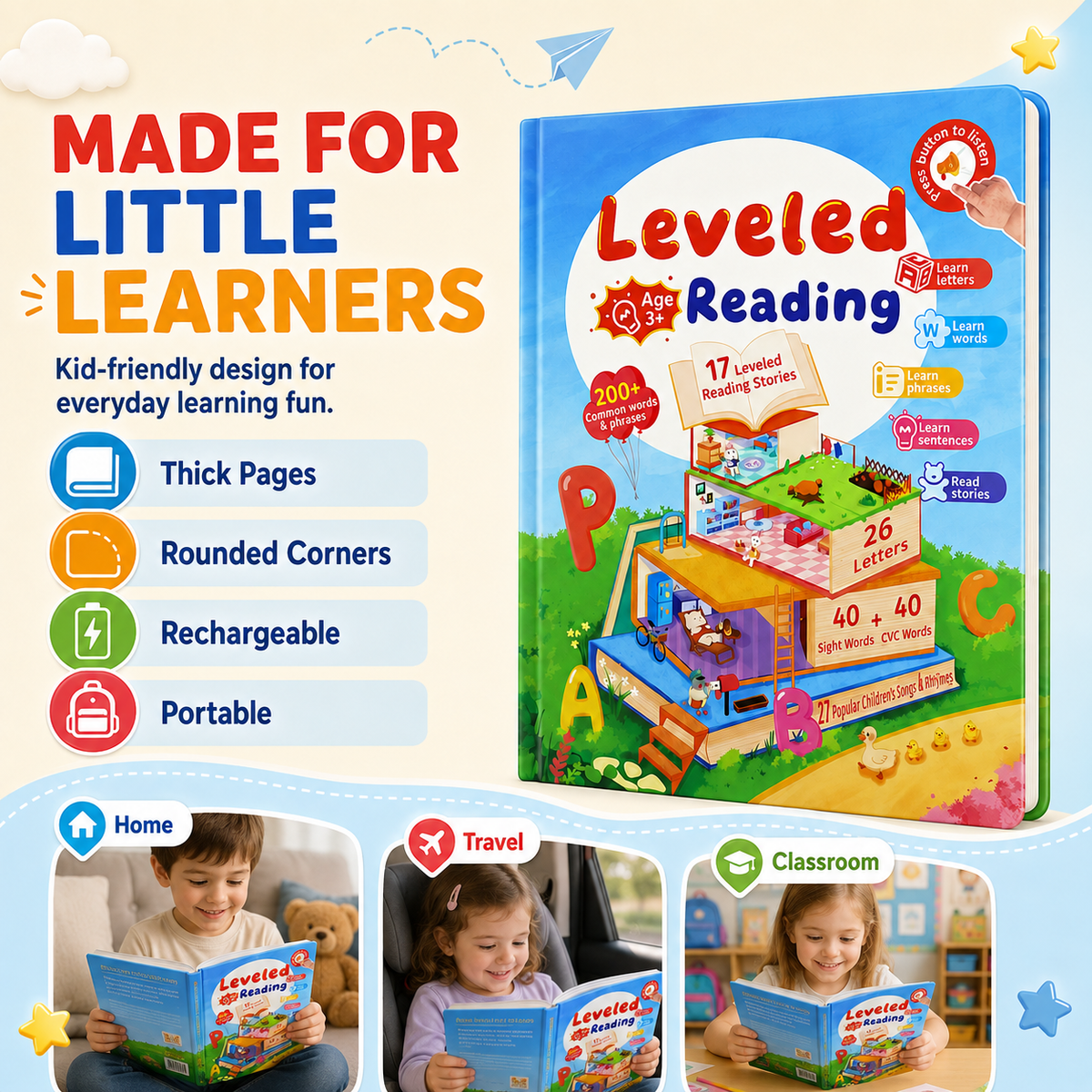 Leveled Reading Learning Book for Kids Ages 3+ – Interactive English Reading & Phonics Book