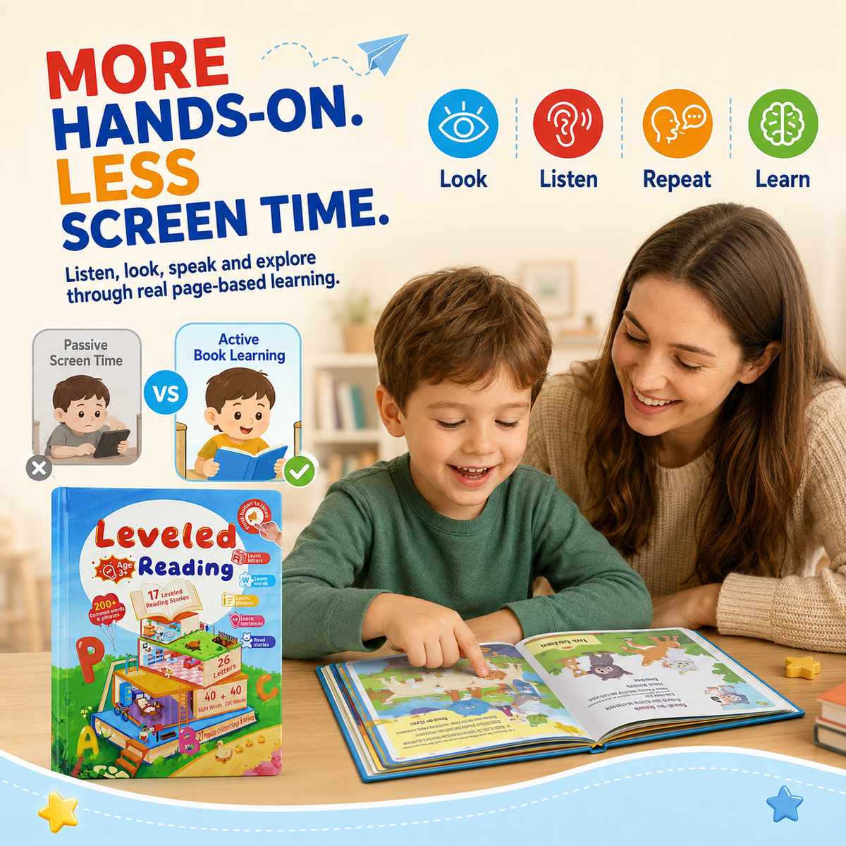 Leveled Reading Learning Book for Kids Ages 3+ – Interactive English Reading & Phonics Book