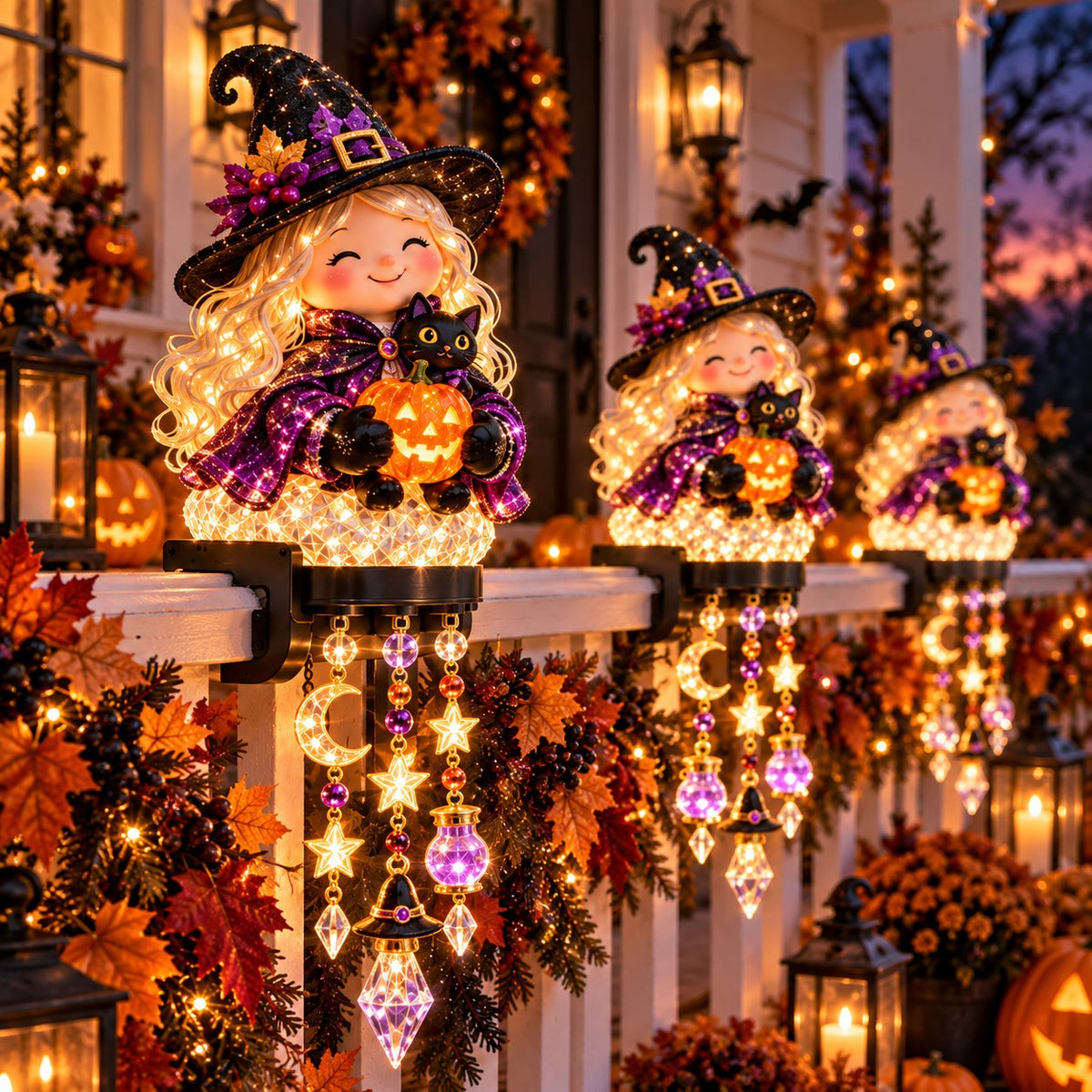 🎃 Halloween Porch Magic Cascade Railing Lights – Pumpkin, Witch, Ghost & Black Cat🎃🎃
