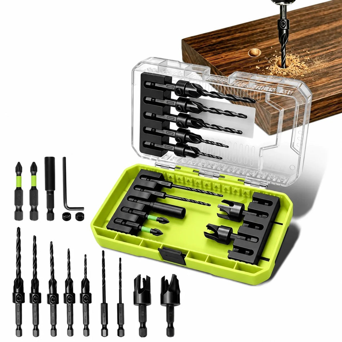 🌟✨ 15-Piece Countersink Drill Bit Set – 1/4' Hex Shank, Depth Stop & Quick-Change Design