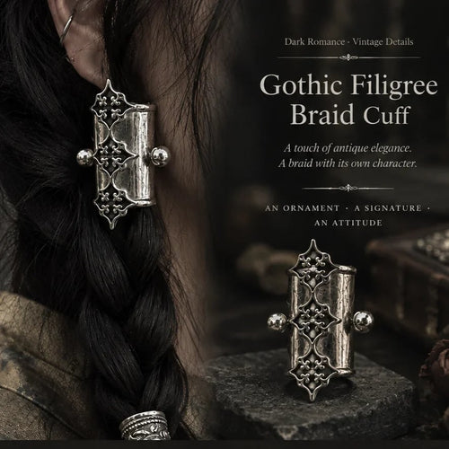 🖤2Pcs Gothic Filigree Hair Cuff for Braids, Vintage Antique Silver Medieval Hair Ring, Dark Romantic Hair Jewelry Accent