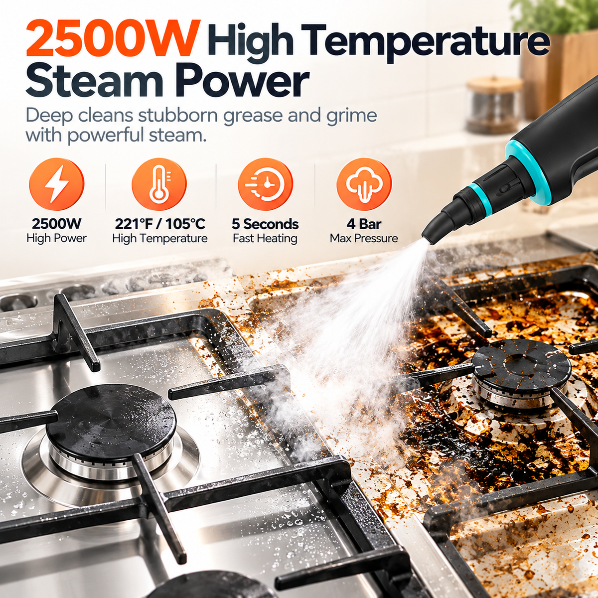 🔥 2500W High-Pressure Steam Cleaner – 6 Adjustable Levels & Multi-Surface Deep Cleaning