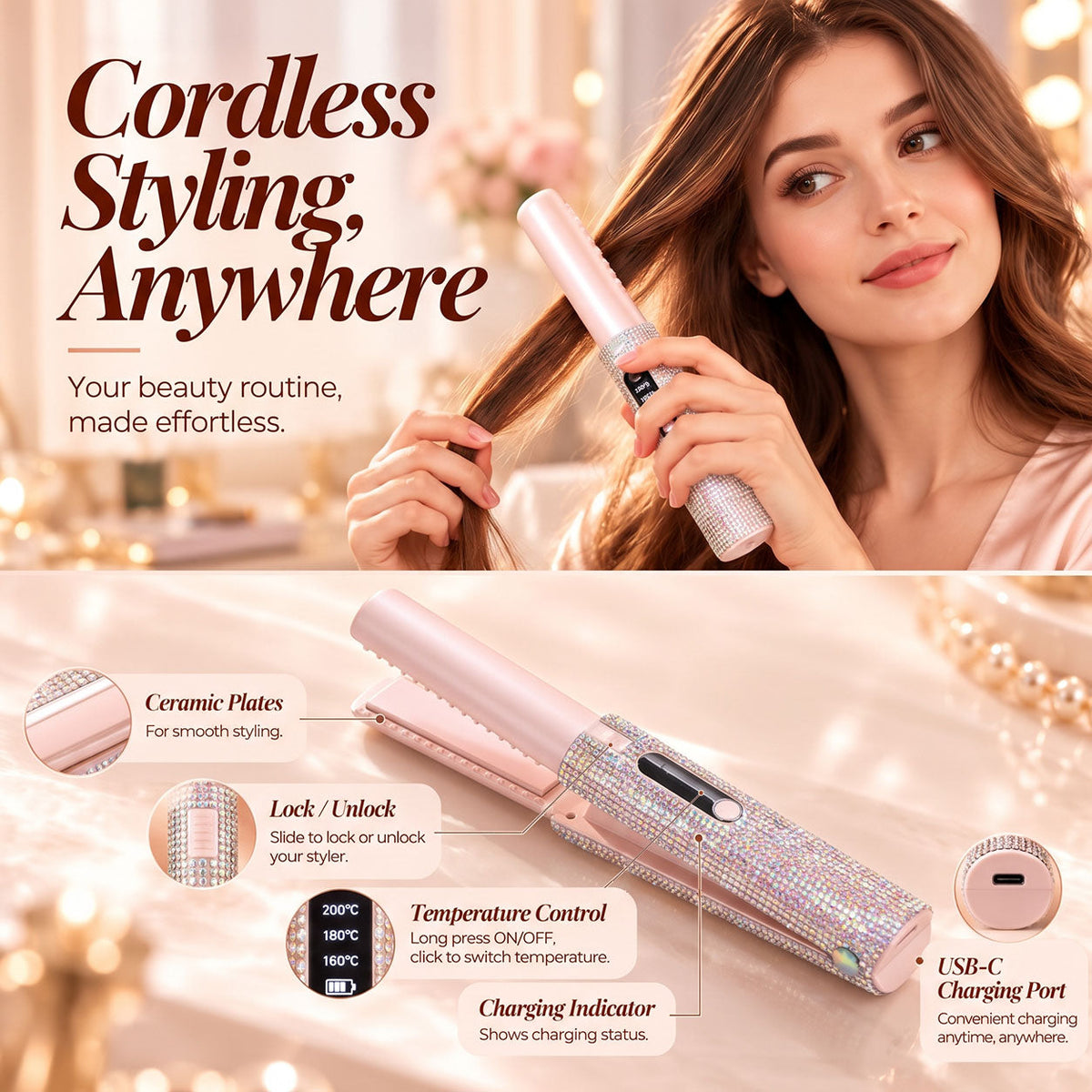 💕✨ Rechargeable Mini Hair Straightener – Cordless USB-C Portable Styling Iron
