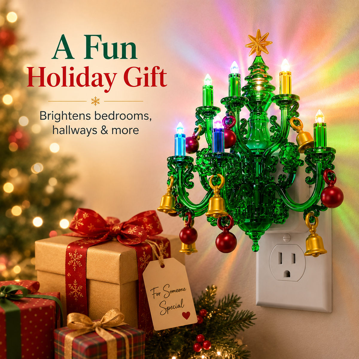 Magical Christmas Chandelier Night Light – Color-Changing Plug-In Holiday Glow