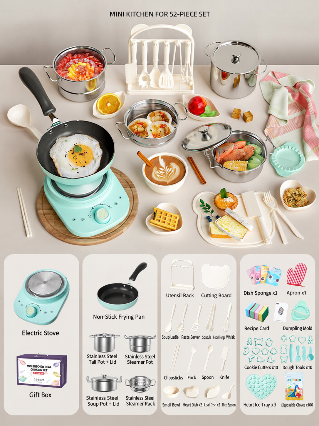 52-Piece Kids’ Mini Real-Cooking Kitchen Set with Electric Stove & Cookware