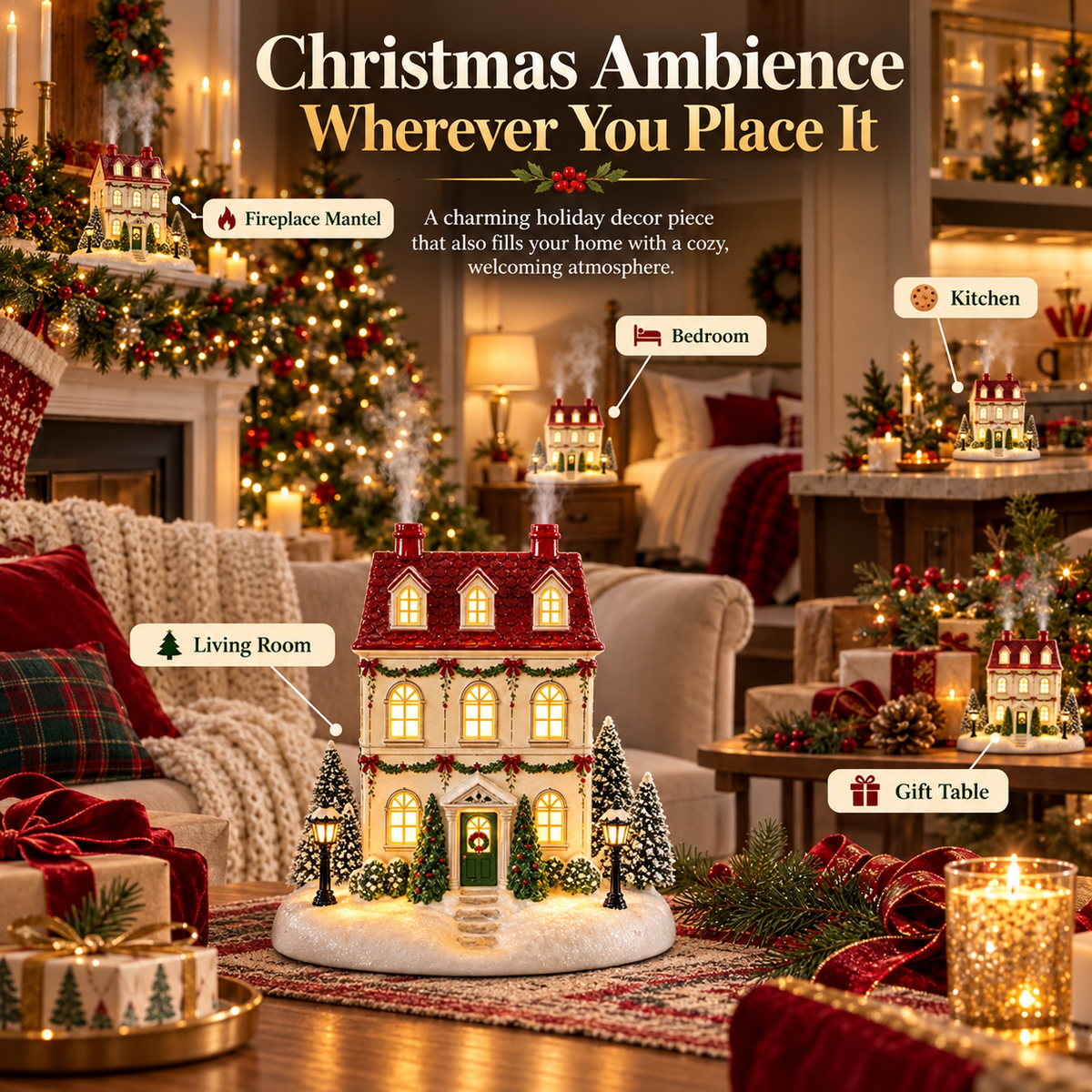 🔥Last Day 43% OFF🎄 Christmas House Aroma Diffuser – Warm Light & Gentle Mist Holiday Decor