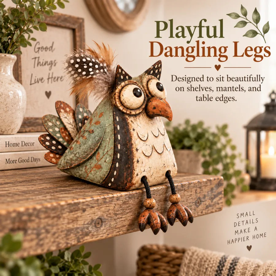 🍂 Rustic Owl Shelf Sitter Decor with Dangling Legs