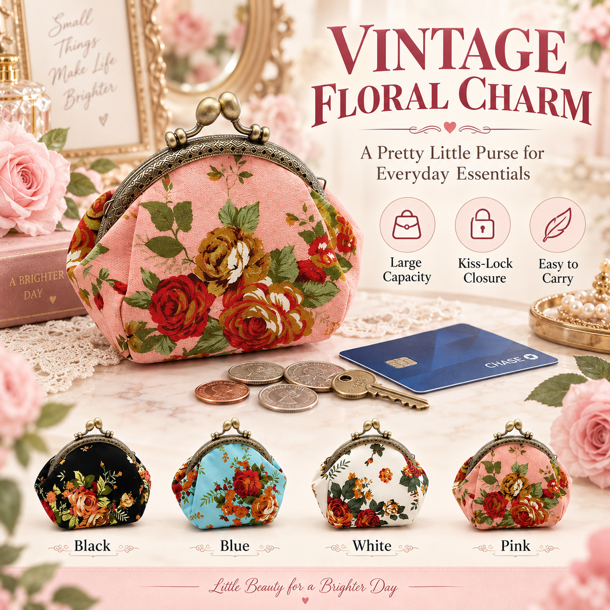 🌸 Vintage Floral Kiss-Lock Coin Purse – Cute Compact Pouch for Cards, Coins & Keys 👛
