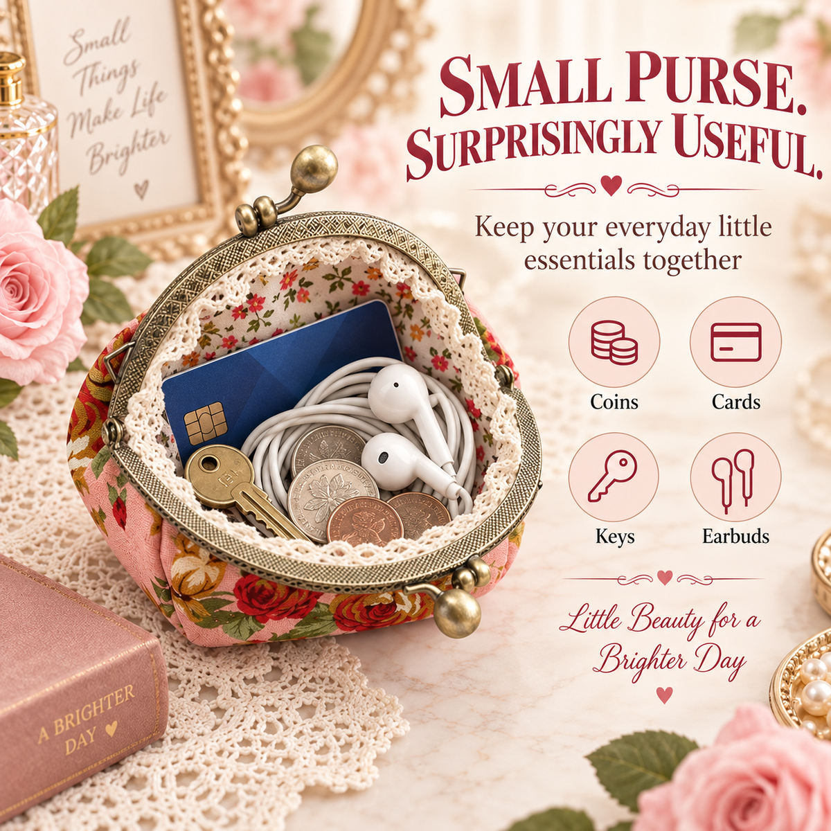🌸 Vintage Floral Kiss-Lock Coin Purse – Cute Compact Pouch for Cards, Coins & Keys 👛
