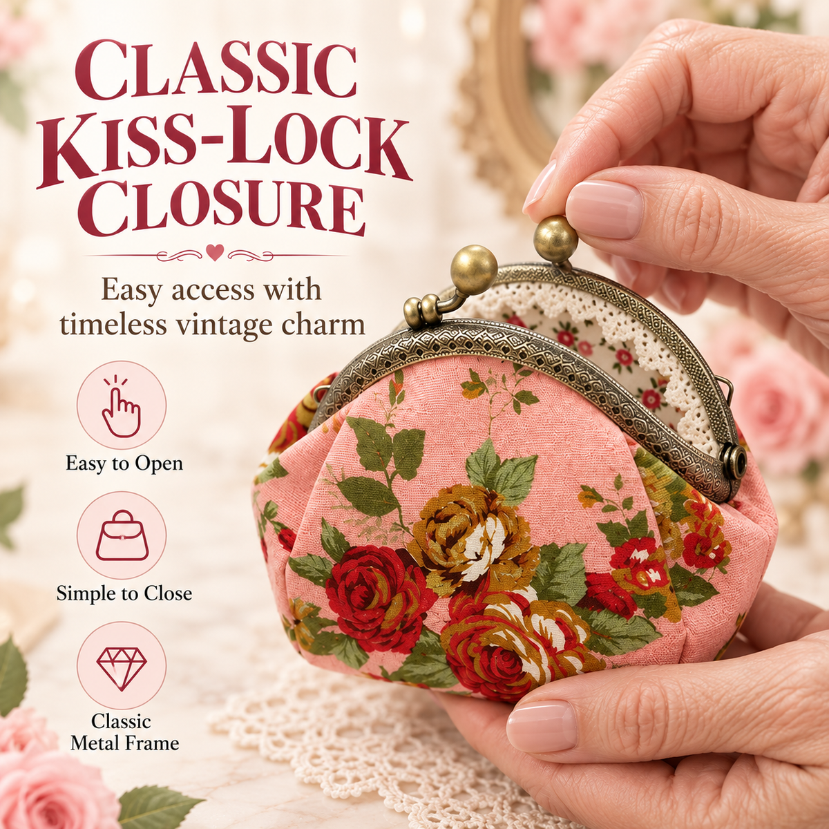 🌸 Vintage Floral Kiss-Lock Coin Purse – Cute Compact Pouch for Cards, Coins & Keys 👛