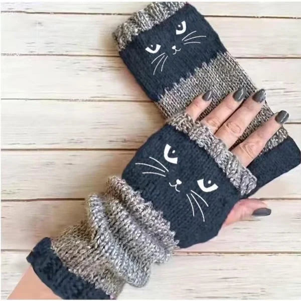 ❄️women’s Knitted Fingerless Gloves With Cute Cat – Cozy, Stylish & Practical Winter Hand Warmers 🐾