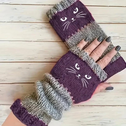❄️women’s Knitted Fingerless Gloves With Cute Cat – Cozy, Stylish & Practical Winter Hand Warmers 🐾