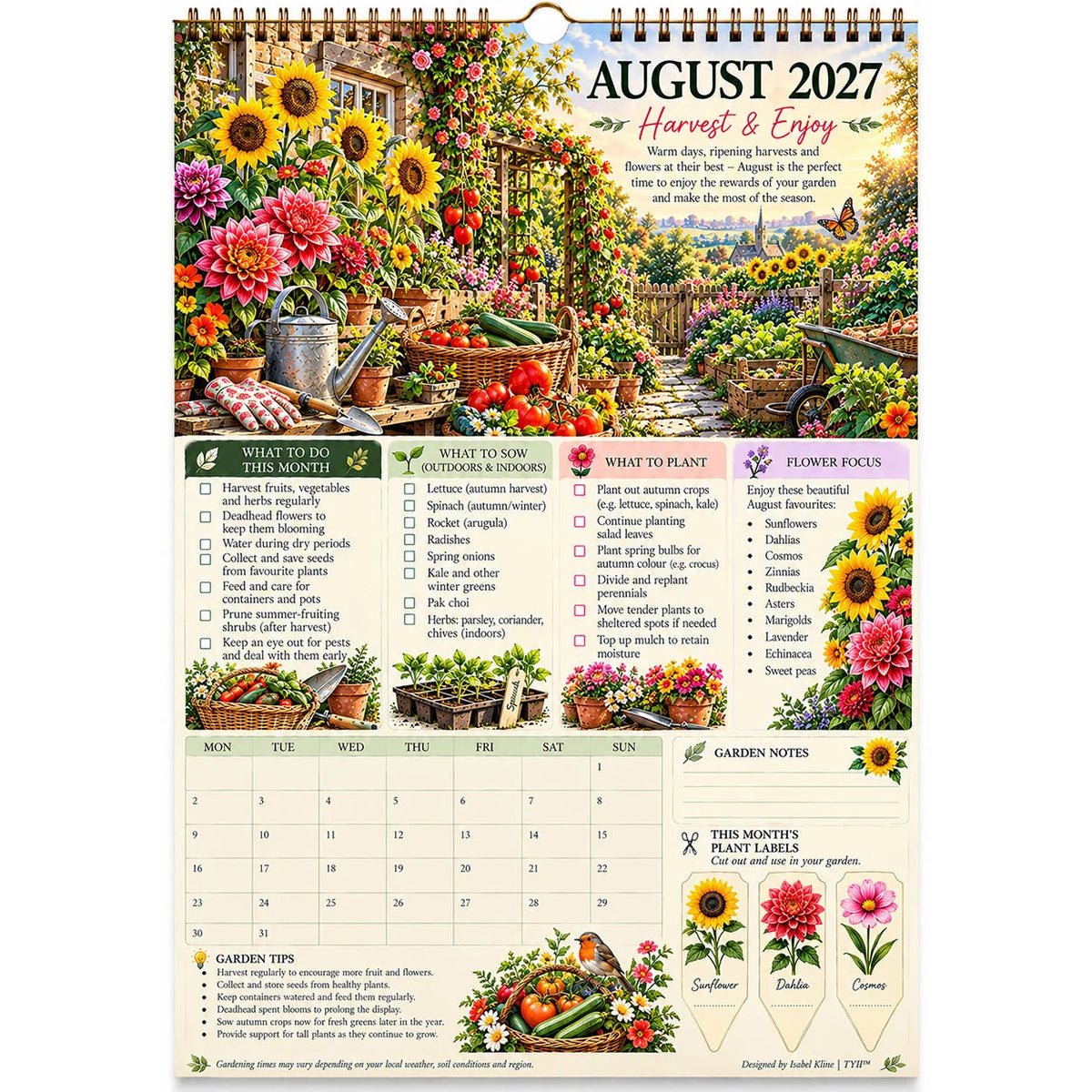 2027 Four Seasons Gardening Calendar & Monthly Planner – A4 Wall Calendar with Planting Guide, Garden Tasks & Plant Labels | TYII™