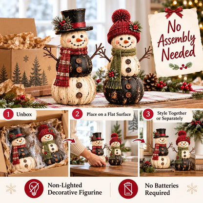 ☃️ Vintage Pumpkin Snowman Duo – Rustic Black & Ivory Farmhouse Christmas Figurines