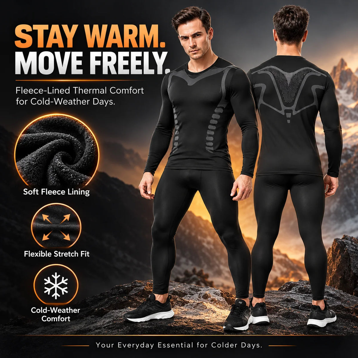 Men's Fleece-Lined Thermal Underwear Set – Warm Stretch Base Layer for Winter & Outdoor Activities