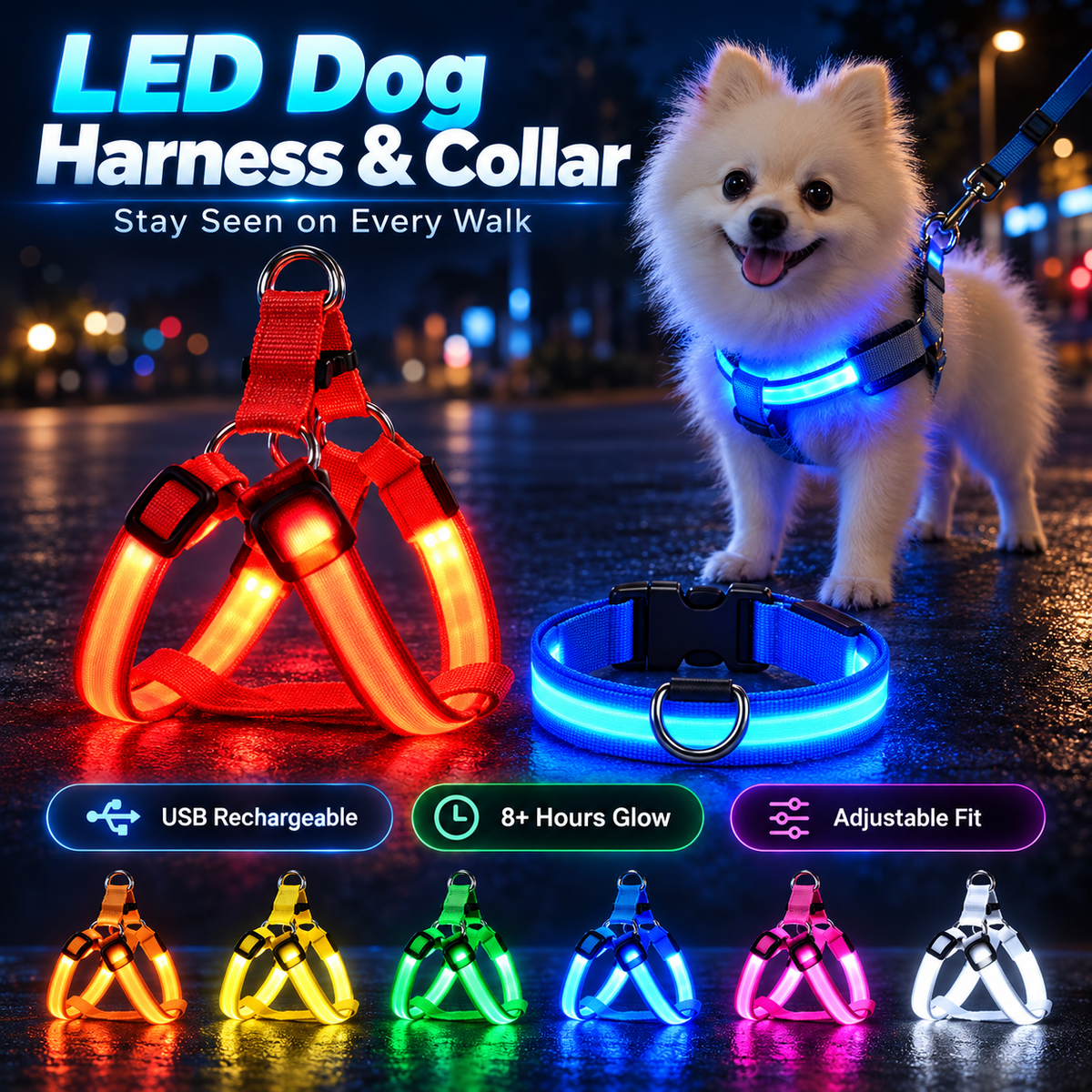 ✨Rechargeable LED Dog Harness & Collar🐕‍🦺Light-Up Night Walking Gear