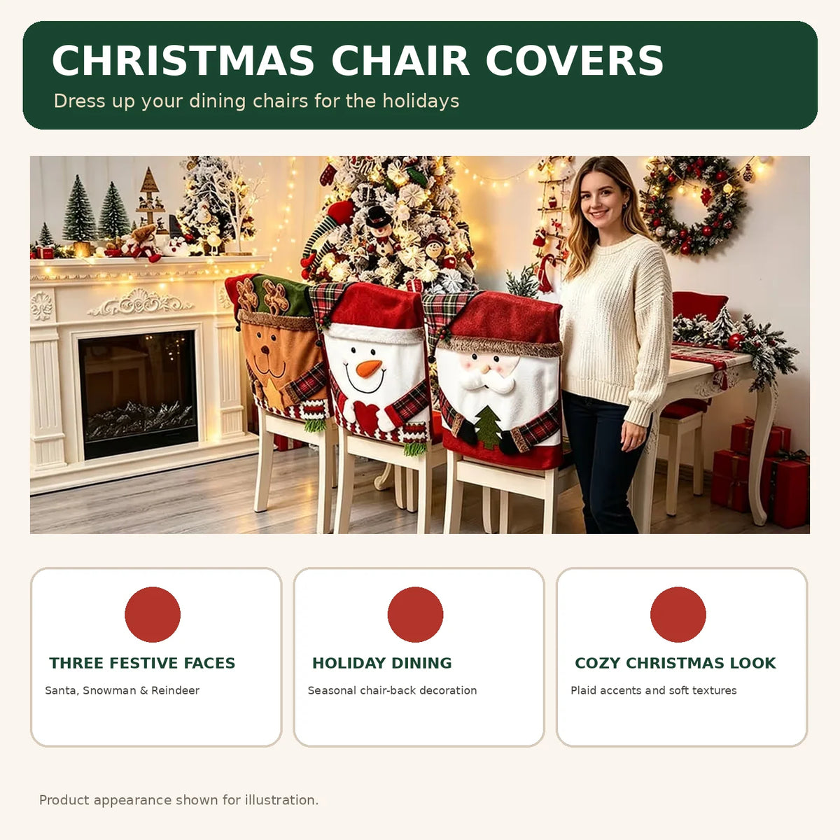 🎄 Christmas Character Chair Covers – Santa, Snowman & Reindeer Dining Decor