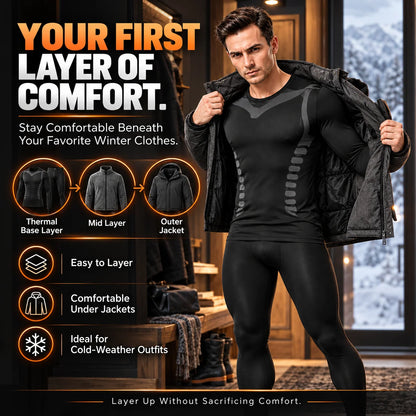 Men's Fleece-Lined Thermal Underwear Set – Warm Stretch Base Layer for Winter & Outdoor Activities