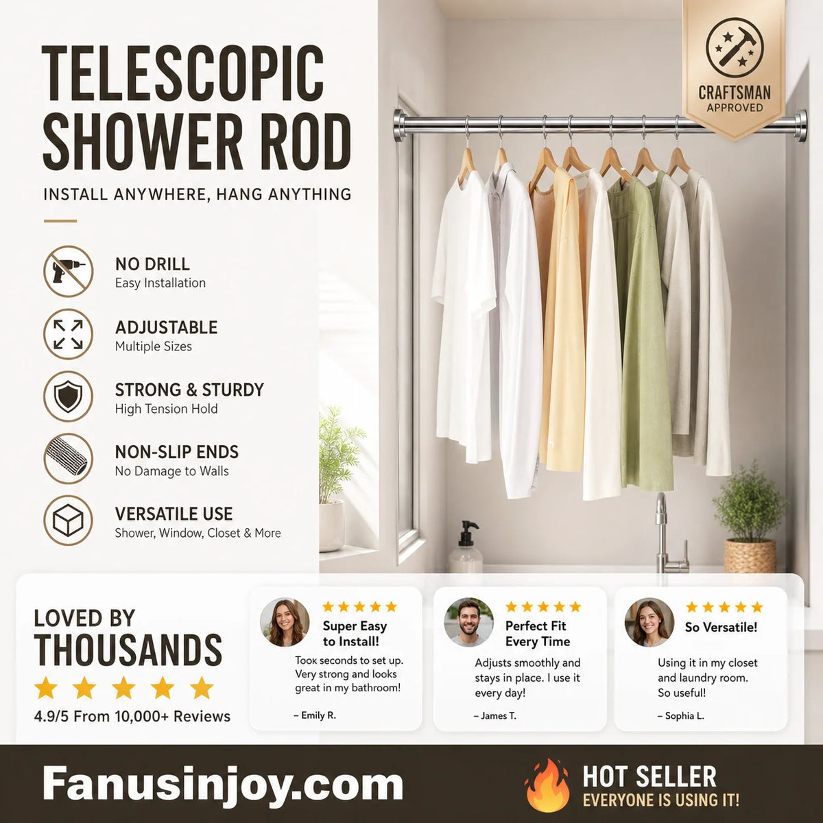 🔥50% off limited time！🥼👚 Create storage space anywhere anytime！Adjustable No-Drill Tension Rod