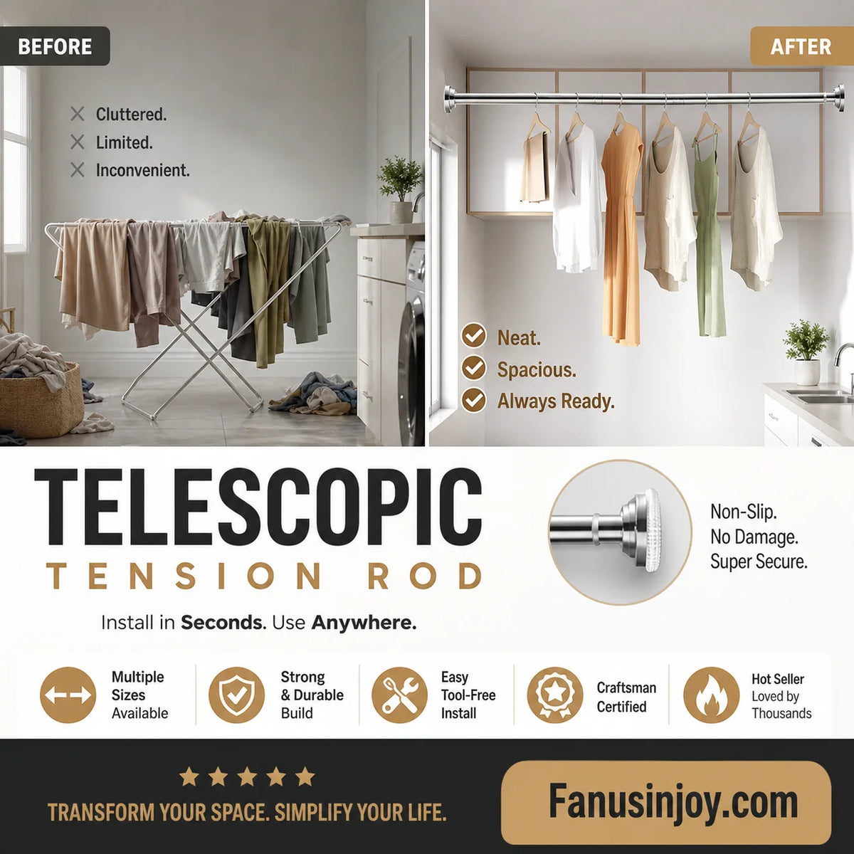 🔥50% off limited time！🥼👚 Create storage space anywhere anytime！Adjustable No-Drill Tension Rod