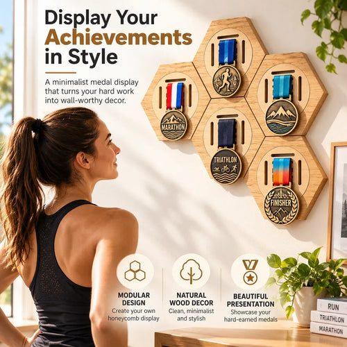 Honeycomb Wooden Medal Display Holder, Modular Hexagon Medal Rack, No Drill Medal Hanger for Marathon Running Sports Awards, Athlete Gift