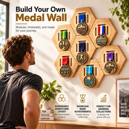 Honeycomb Wooden Medal Display Holder, Modular Hexagon Medal Rack, No Drill Medal Hanger for Marathon Running Sports Awards, Athlete Gift