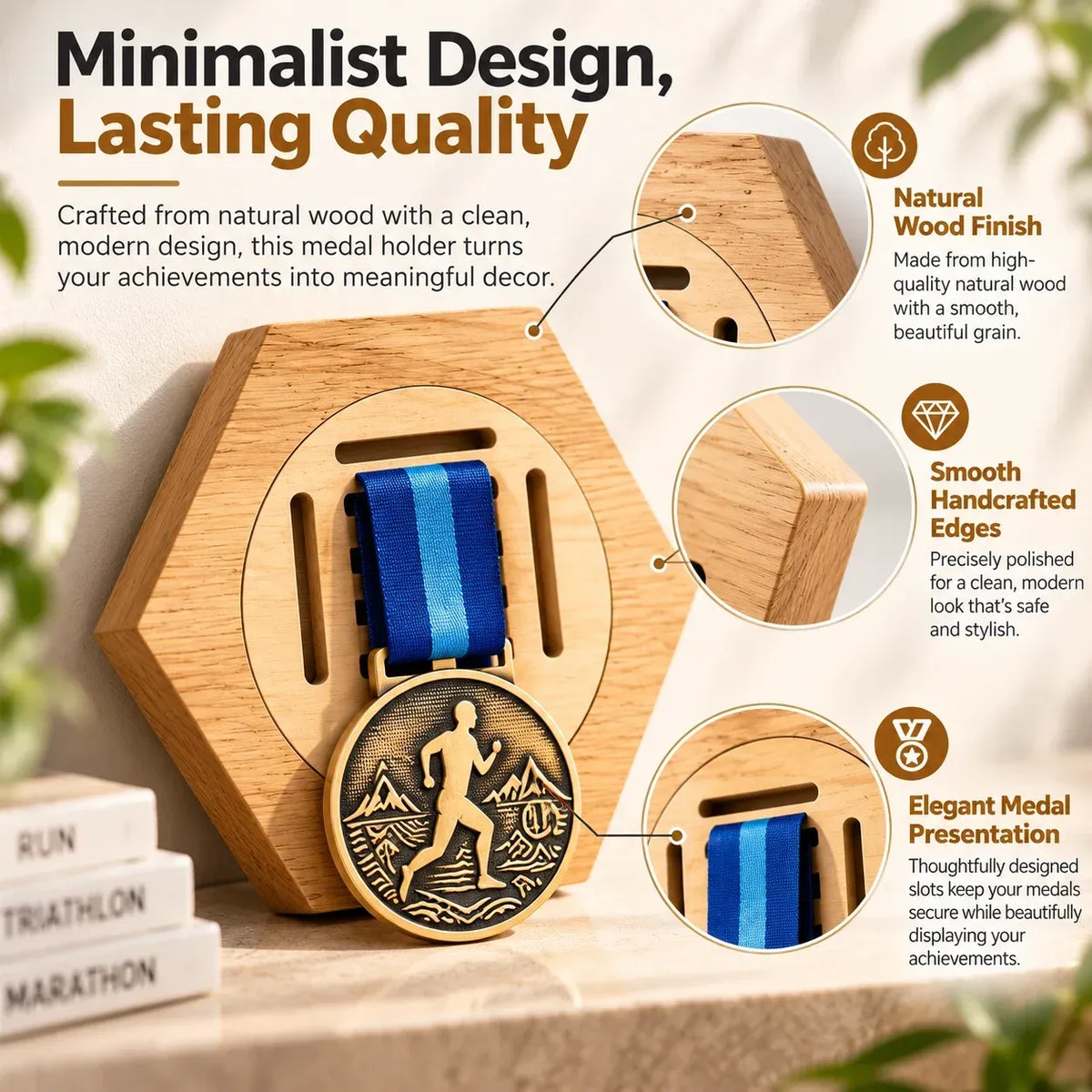 Honeycomb Wooden Medal Display Holder, Modular Hexagon Medal Rack, No Drill Medal Hanger for Marathon Running Sports Awards, Athlete Gift