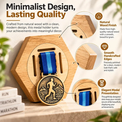 Honeycomb Wooden Medal Display Holder, Modular Hexagon Medal Rack, No Drill Medal Hanger for Marathon Running Sports Awards, Athlete Gift