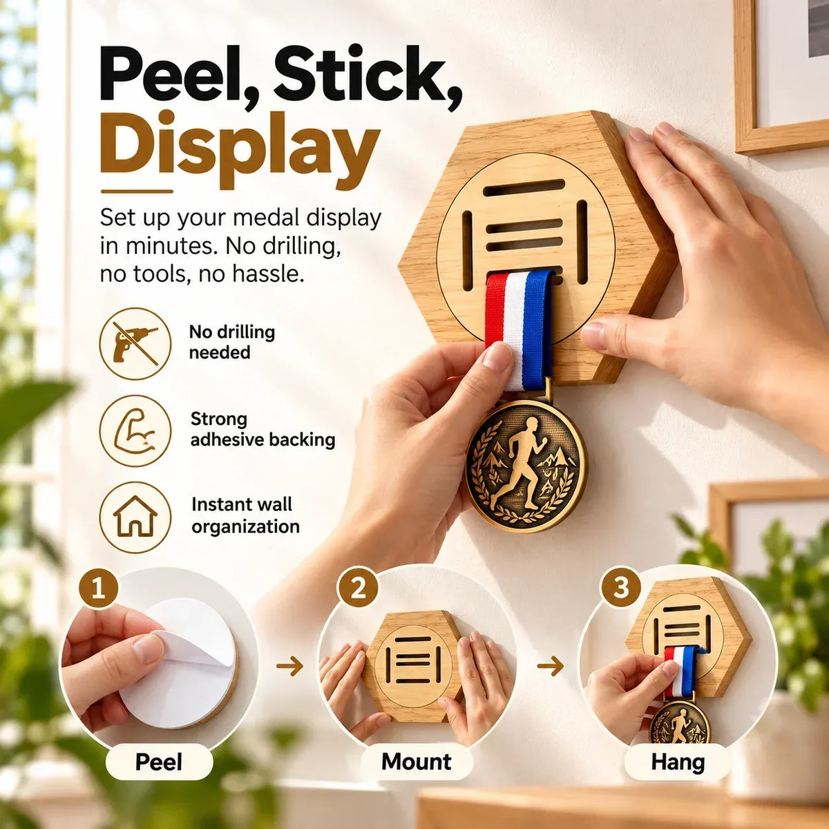 Honeycomb Wooden Medal Display Holder, Modular Hexagon Medal Rack, No Drill Medal Hanger for Marathon Running Sports Awards, Athlete Gift