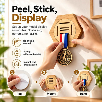 Honeycomb Wooden Medal Display Holder, Modular Hexagon Medal Rack, No Drill Medal Hanger for Marathon Running Sports Awards, Athlete Gift
