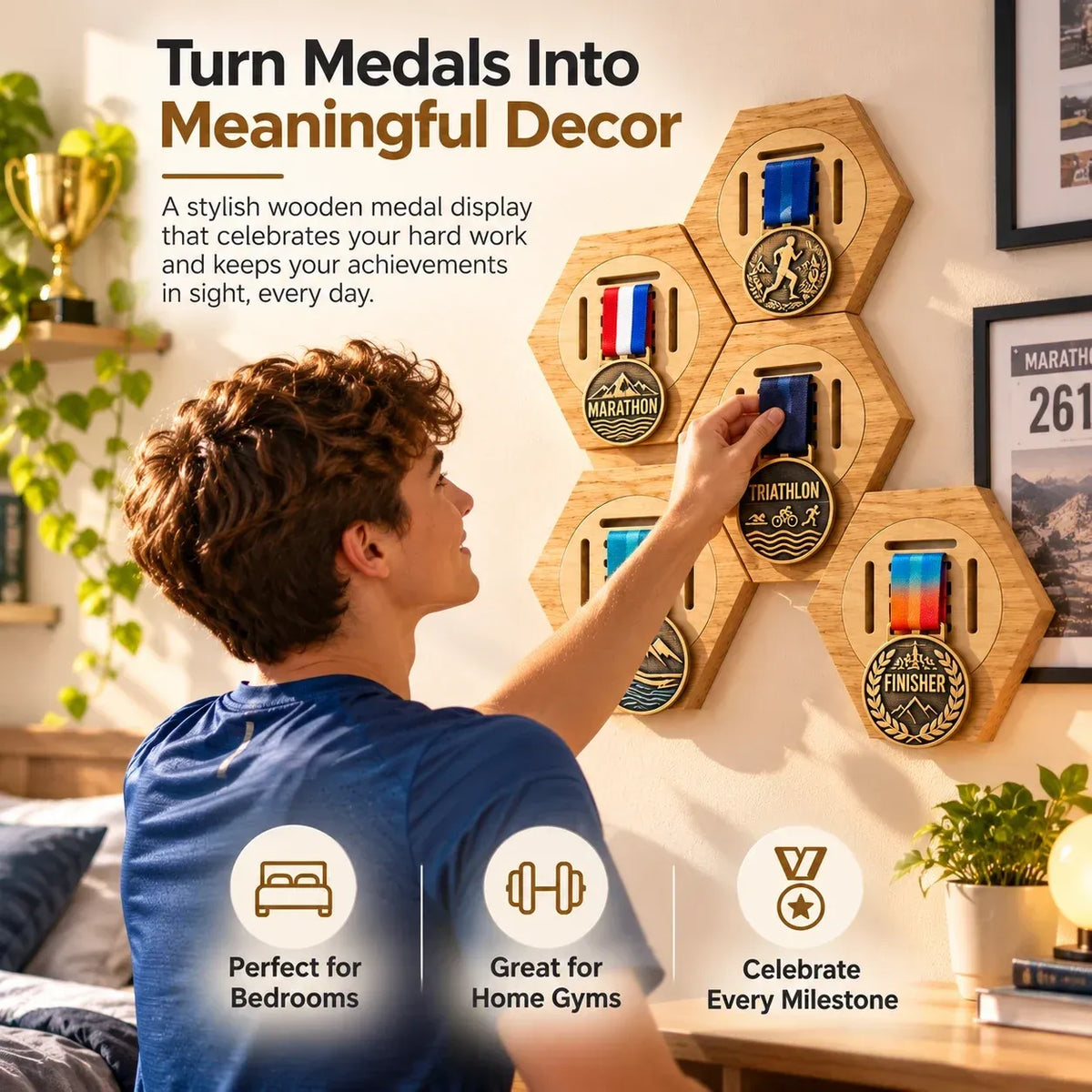 Honeycomb Wooden Medal Display Holder, Modular Hexagon Medal Rack, No Drill Medal Hanger for Marathon Running Sports Awards, Athlete Gift
